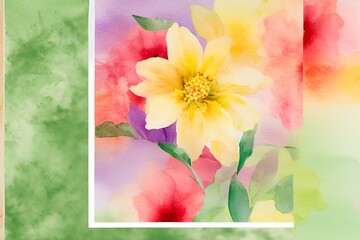 Blooming flower in shades of green, red, purple, yellow and pink background with text space