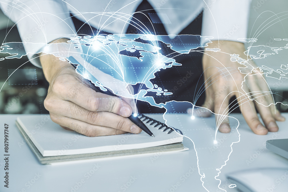 Aufkleber double exposure of abstract digital world map with connections and hand writing in notepad on backgr
