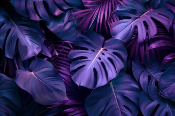 Artistic display of tropical leaves with neon violet lighting effects, creating a dreamlike...