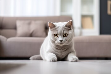 Medium shot portrait photography of a curious british shorthair cat corner rubbing while standing against cozy living room background