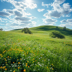 A large, grassy hillside with a bright sun shining on it