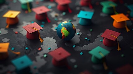 A globe on dark background with brightly colored graduation caps. International graduates concept