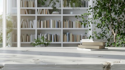  White table with books over a blurred modern white study room in the background