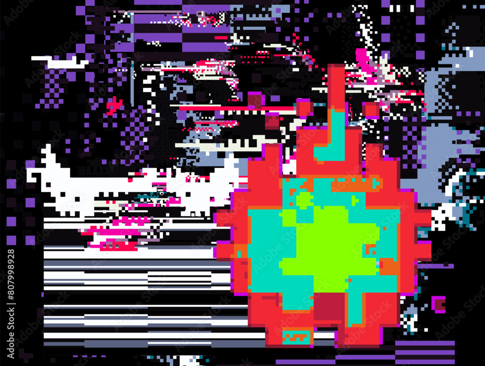 Poster distorted screen with neon glitches and flickers.
