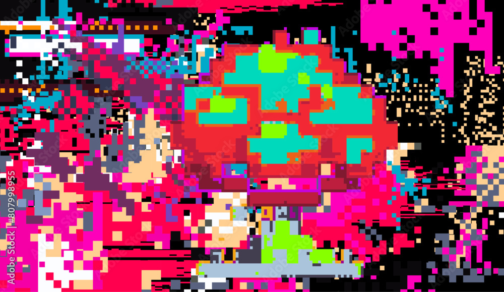 Poster distorted screen with neon glitches and flickers.