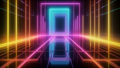 multicoloured neon square shinning bright colours black reflective background