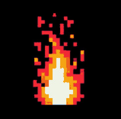 Pixelated image of burning flame on a dark background. Game element in 8-bit style.