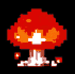 Pixel art of nuclear explosion on dark background. Vector element for 8-bit retro game.