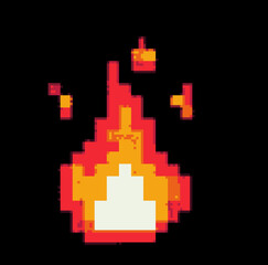 Pixel art of a burning flame on a dark background. Game element in 8-bit style.