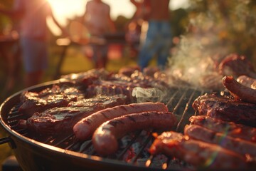 Close-up of barbecue grill with food and group of friends having party outdoors at sunset on background