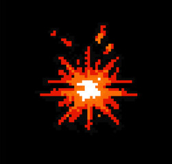 Pixel art with explosion effect on dark background. Element of 8-bit retro game. © local_doctor