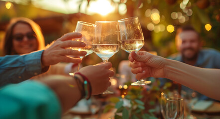 People cheers, making toasts with wine and champagne glasses at a party celebration with friends enjoy a warm summer evening.