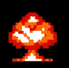 Obraz premium Pixel art of nuclear explosion on dark background. Vector element for 8-bit retro game.