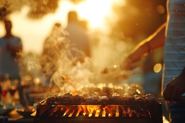 Close-up of barbecue grill with food and group of friends having party outdoors at sunset on background