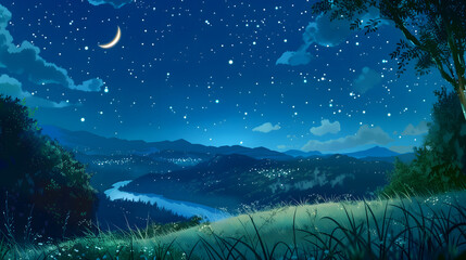 view of a crescent moon and starry mountains and streams