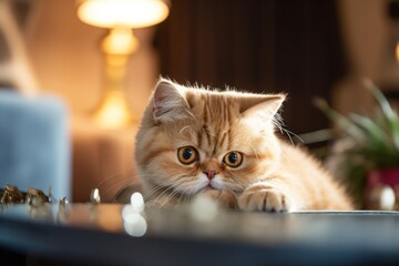 Medium shot portrait photography of a cute exotic shorthair cat sharpening her nails in cozy living room background