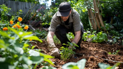 A gardener mulching around young plants to retain moisture and suppress weeds