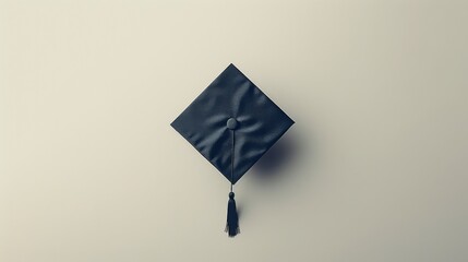 Minimalistic top view of a black graduation black cap on a plain white background. Graduation banner