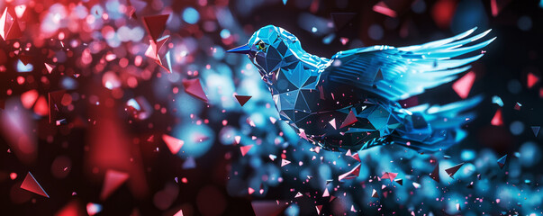 Stunning glass blue bird in flight amidst glittering red and blue particles