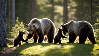 A family of bears foraging for food in a sun dappl upscaled 4