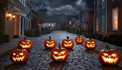 Design a scene with halloween pumpkins arranged on upscaled 11
