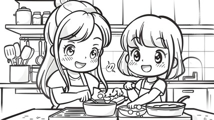 Mother and Daughter Cooking Together in Kawaii Coloring Page Style