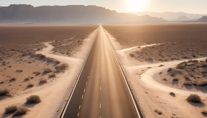 A sun baked highway cutting through the barren des