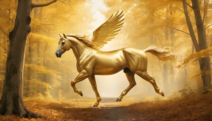 Depict a mythical golden horse with wings of gossa