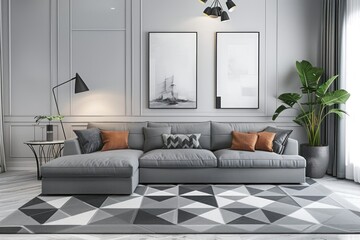 Modern Living Space with Elegant Grey Sofa and Geometric Rug