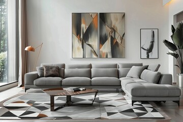 Modern Living Space with Elegant Grey Sofa and Geometric Rug
