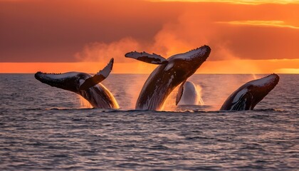 A pod of whales breaching in unison against the ba