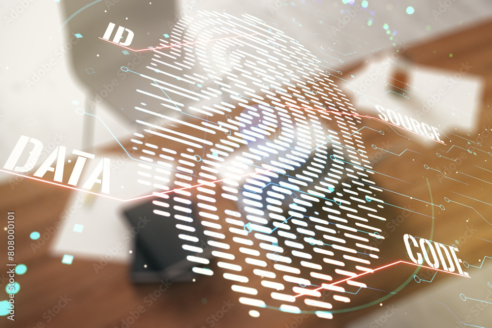 Poster multi exposure of abstract creative fingerprint illustration and modern desktop with computer on bac