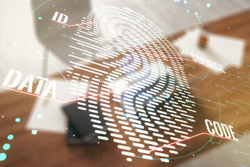 Multi exposure of abstract creative fingerprint illustration and modern desktop with computer on...