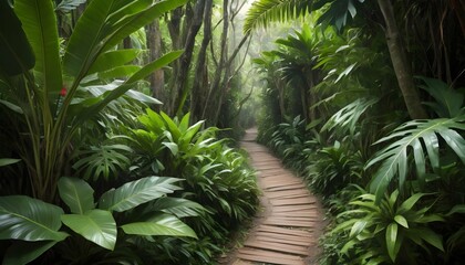 A narrow path winding through dense tropical folia upscaled 3