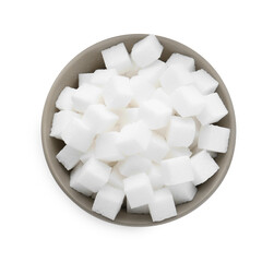 Sugar cubes in bowl isolated on white, top view