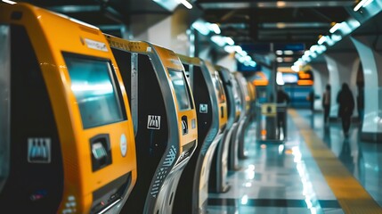 Illustrate the efficiency of automated ticketing systems with an image of sleek, modern kiosks...