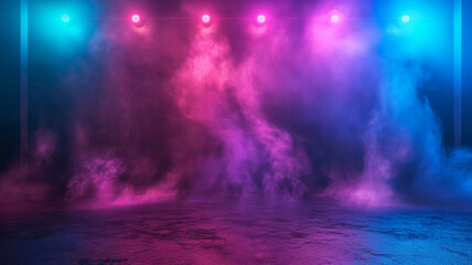 A dark room with purple and blue lights and a lot of smoke