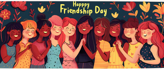 Abstract vector illustration design for a greeting card on Happy International Friendship Day, depicting a group of friends seen from the back