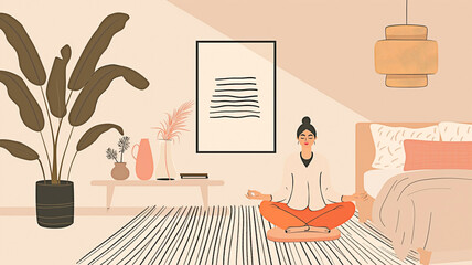 Woman doing yoga in her bedroom. Concept of serene and healthy Lifestyle in a calm indoor environment. In the style of minimalist art.