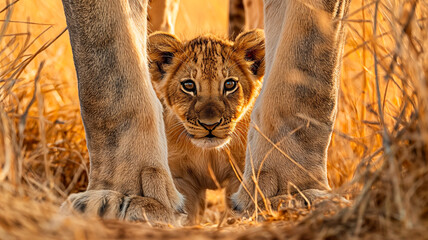 Lion cub between its mother legs. Concept of adorable baby animal with mother in wildlife.