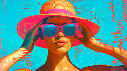 Woman wearing beach hat and sunglasses. Pop art style with summer concept with vibrant colors with grunge texture.