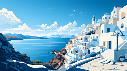 Naklejka premium Digital santorini landscape vector art illustration abstract graphic poster web page PPT background