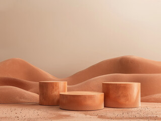 Trio of 3D podiums in descending sizes, crafted in terracotta, set against an earth-toned desert...