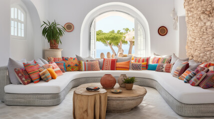 Naklejka premium Vibrant Ibiza-style villa living room featuring whitewashed walls, colorful mosaic tiles interior design