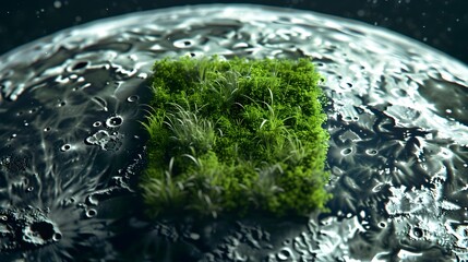 Lush green moss on the moon's surface in close-up view showcasing the contrast of the natural and