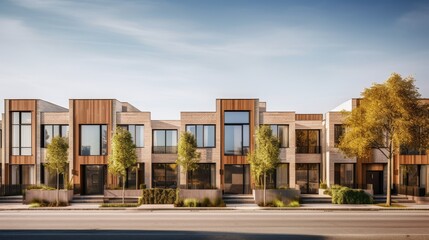 A row of modern modular beige brick townhouses featuring clean, minimalist lines and large