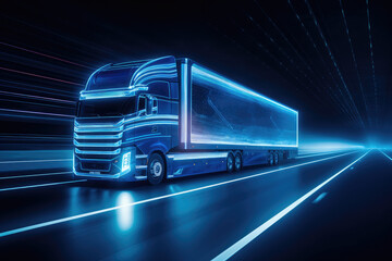 Futuristic Semi Truck Speeding on Highway at Night