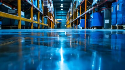Obraz premium Maintaining a clean and polished concrete floor in an industrial manufacturing plant or warehouse. Concept Industrial Cleaning, Warehouse Maintenance, Concrete Flooring, Polishing Techniques