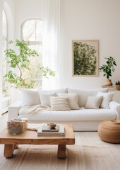 Bright and airy boho-inspired living room with white walls, plush green plants, a low wooden coffee table, and light, textured throw blankets draped over a linen sofa interior design