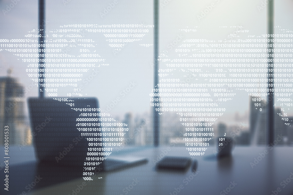 Leinwandbilder multi exposure of abstract graphic world map and modern desktop with pc on background, big data and 
